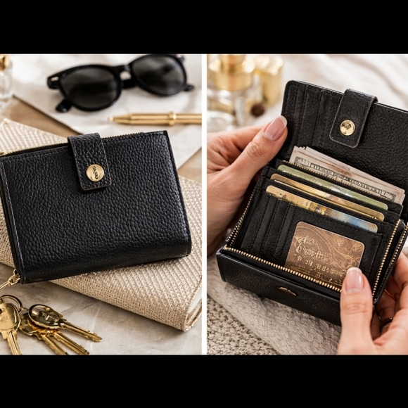 Lodis Handbags - Lodis Black Pebble Leather Wallet RFID Zip Around Bifold Card Holder Classic